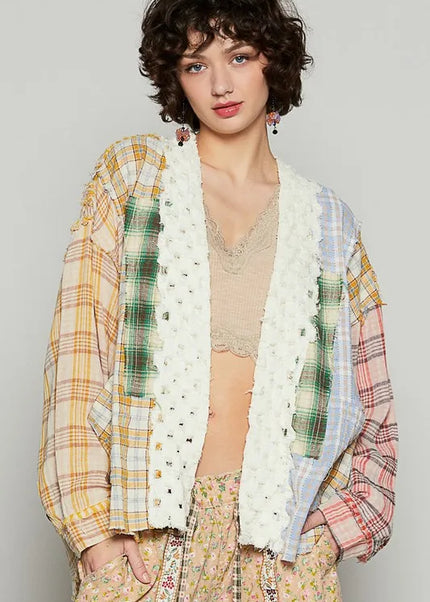 POL Raw Edge Plaid Open Front Cardigan - Sleekdenim.com