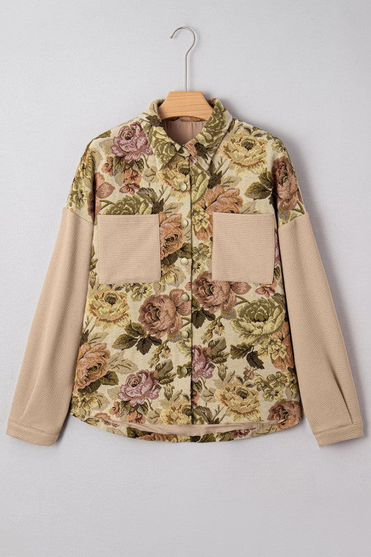 Floral Waffle Knit Patchwork Chest Pocket Buttoned - Sleekdenim.com