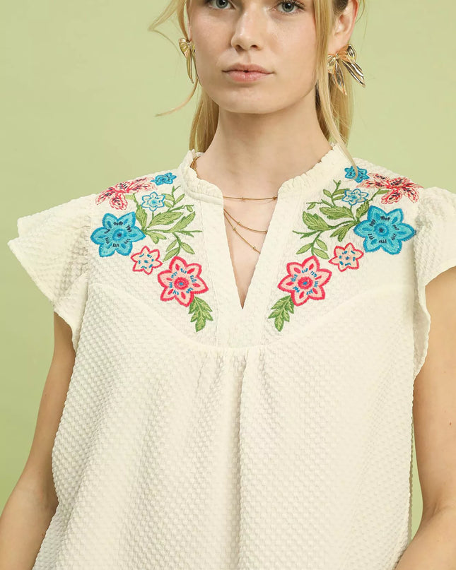 Umgee Embroidered Flutter Sleeve Blouse - Sleekdenim.com