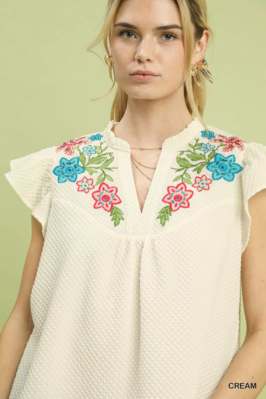 Umgee Embroidered Flutter Sleeve Blouse - Sleekdenim.com