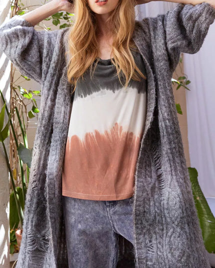 POL Distressed Cable-Knit Ombre Dying Cardigan - Sleekdenim.com
