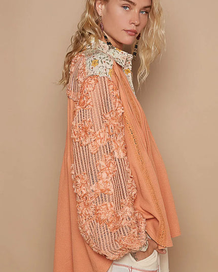 POL Floral Half Button Lace Detail Long Sleeve Top - Sleekdenim.com