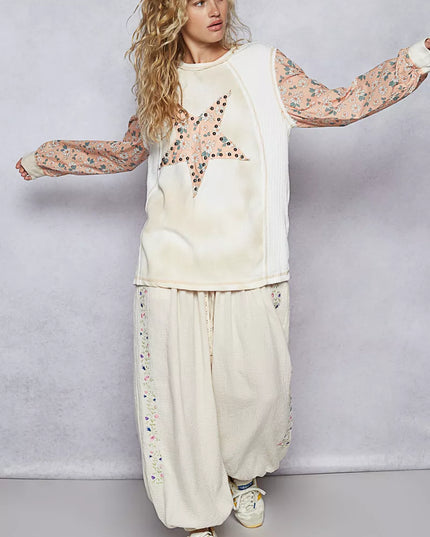 POL Exposed Seam Star Patch Thermal Top with Floral Sleeves - Sleekdenim.com