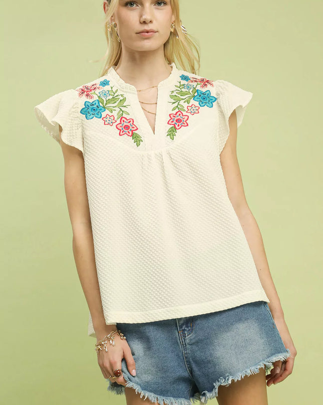 Umgee Embroidered Flutter Sleeve Blouse - Sleekdenim.com