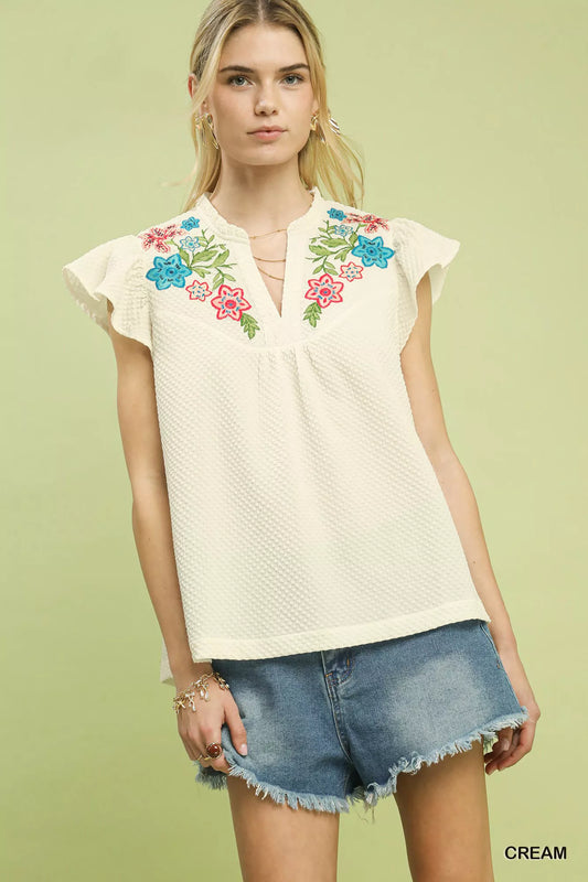 Umgee Embroidered Flutter Sleeve Blouse - Sleekdenim.com