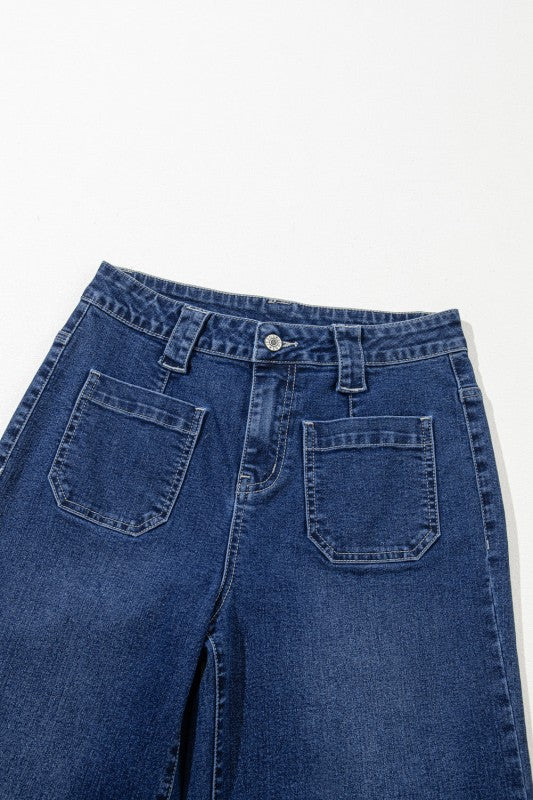 Denim Patch Pocket Wide Leg Jeans - Sleekdenim.com