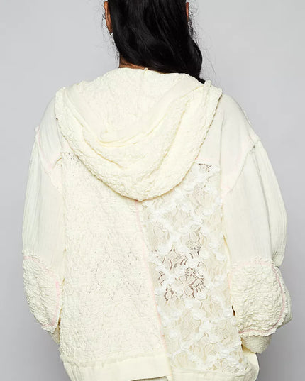 POL Exposed Seam Button Down Hooded Jacket with Lace Detail - Sleekdenim.com