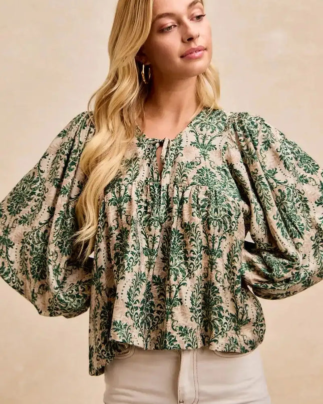 BiBi Printed Woven Front Tied Blouse with Baloon Sleeve - Sleekdenim.com