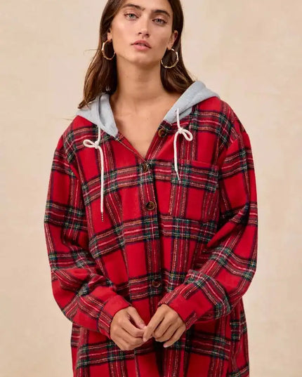 BiBi Brushed Plaid Hooded Jacket - Sleekdenim.com