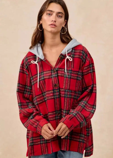 BiBi Brushed Plaid Hooded Jacket - Sleekdenim.com