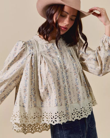SO ME Floral Print Lace Button Down Shirt - Sleekdenim.com