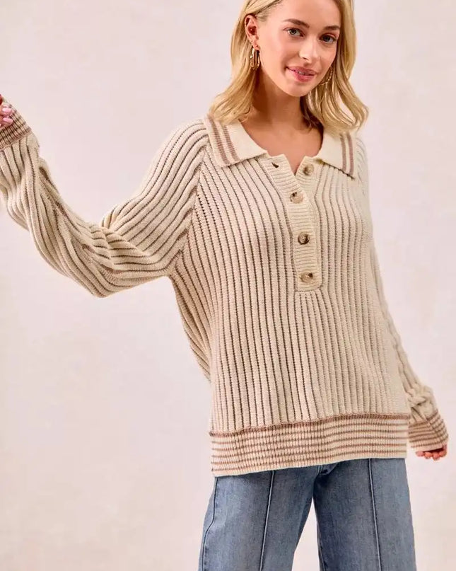 BiBi Half Button Ribbed Two Tone Sweater - Sleekdenim.com