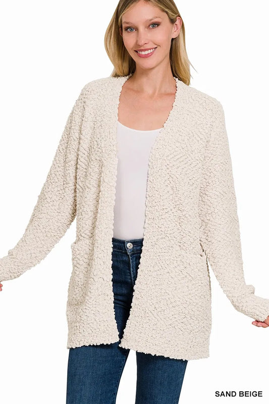 Zenana Long Sleeve Popcorn Sweater Cardigan with Pockets - Sleekdenim.com