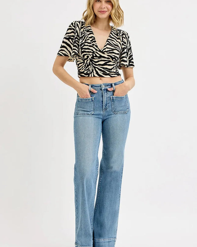 RISEN Full Size High Rise Wide Flare Patch Pocket Jeans Plus Size - Sleekdenim.com