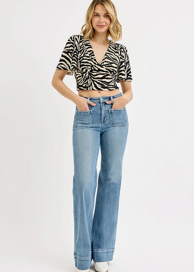 RISEN Full Size High Rise Wide Flare Patch Pocket Jeans Plus Size - Sleekdenim.com