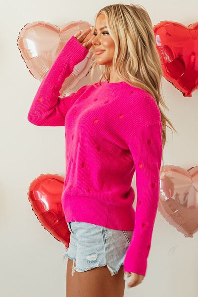 Red Heart Shape Drop Shoulder Round Neck Sweater | Sleekdenim.com