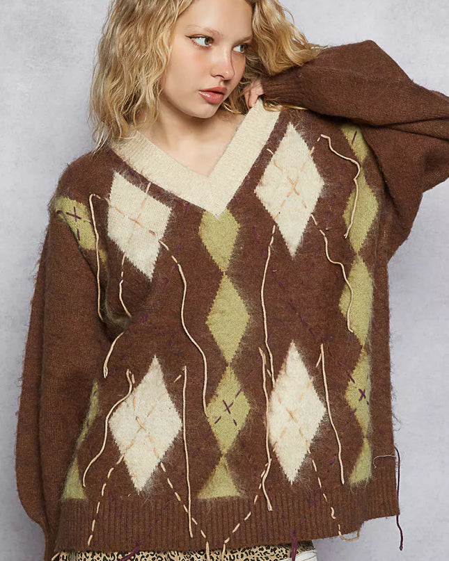 POL V-Neck Argyle Pattern Mohair Sweater with Contrast Exposed Stitch Detail - Sleekdenim.com