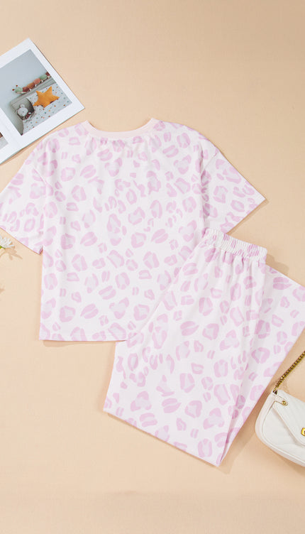 Pink Leopard Two Piece Top and Pants Set - Sleekdenim.com