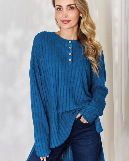 Basic Bae Full Size Ribbed Half Button Long Sleeve High-Low T-Shirt - Sleekdenim.com