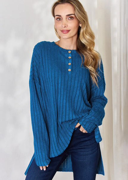 Basic Bae Full Size Ribbed Half Button Long Sleeve High-Low T-Shirt - Sleekdenim.com
