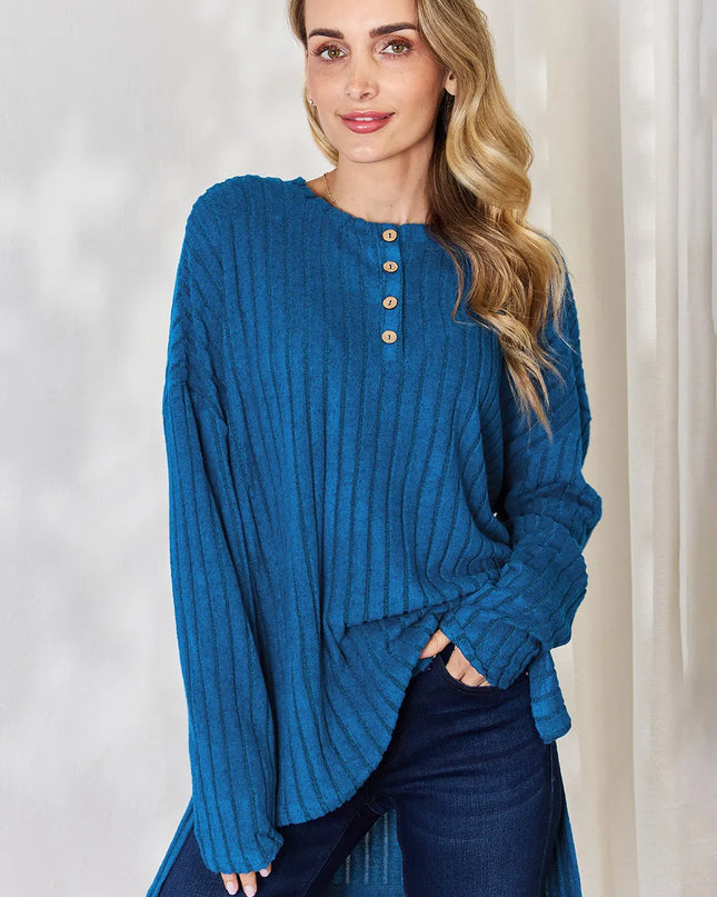 Basic Bae Full Size Ribbed Half Button Long Sleeve High-Low T-Shirt - Sleekdenim.com