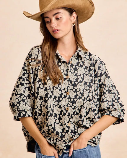 BiBi Floral Jacquard Short Dolman Sleeves Shirt - Sleekdenim.com