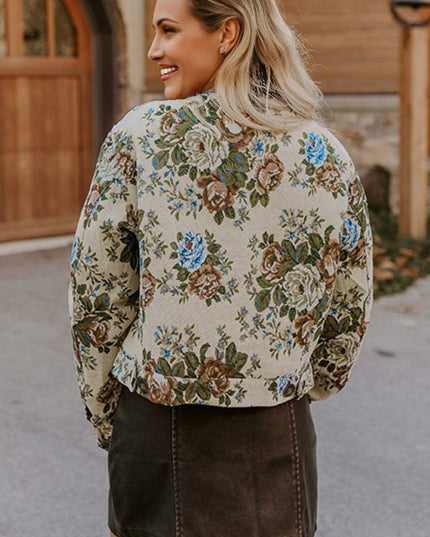 Floral Zip-Up Contrast Collared Jacket - Sleekdenim.com