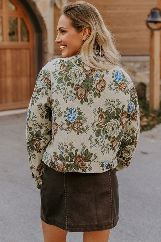 Floral Zip-Up Contrast Collared Jacket - Sleekdenim.com