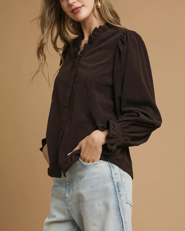 Umgee Corduroy Ruffle Shirt with Long Puff Sleeves - Sleekdenim.com