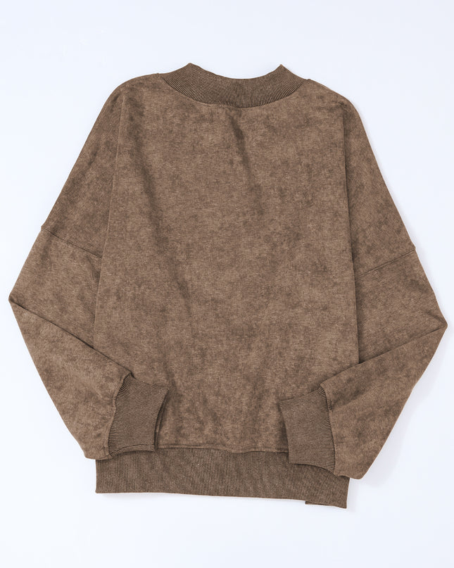 Brown Plain Drop Shoulder Crew Neck Pullover Sweatshirt