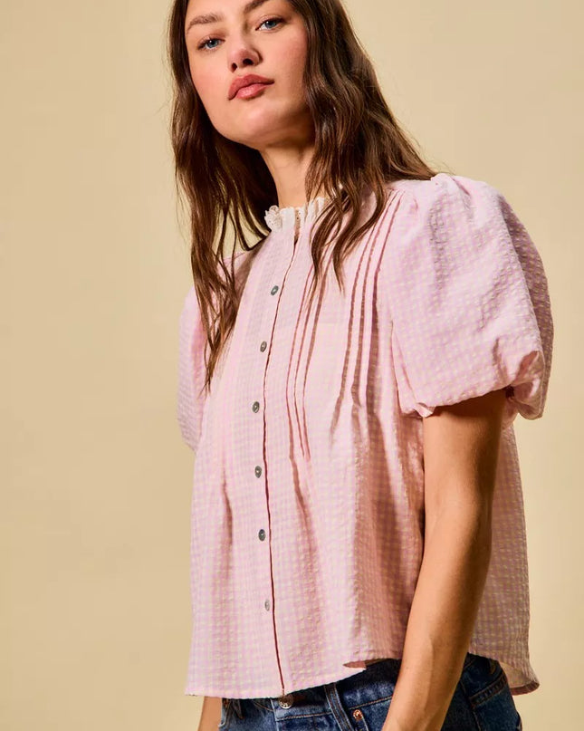 SO ME Gingham Lace Trim Button Bubble Sleeves Blouse - Sleekdenim.com