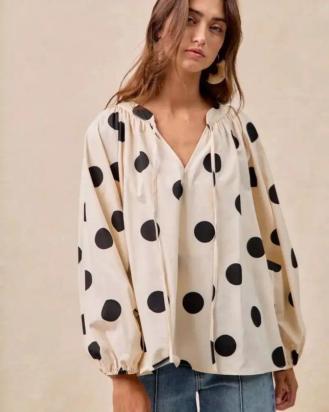 BiBi Polka Dot Exaggerated Balloon Sleeves Blouse - Sleekdenim.com