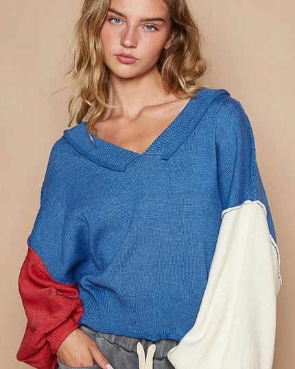 POL Exposed Seam Contrast V-Neck Lantern Sleeve Sweater - Sleekdenim.com