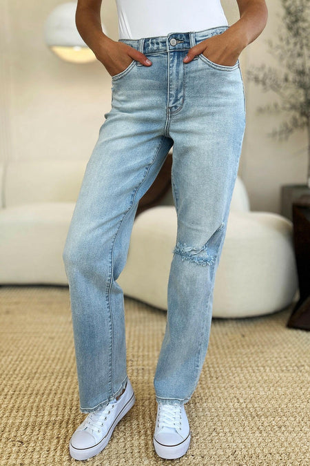 Judy Blue Full Size High Waist Distressed Straight Jeans | Sleekdenim.com