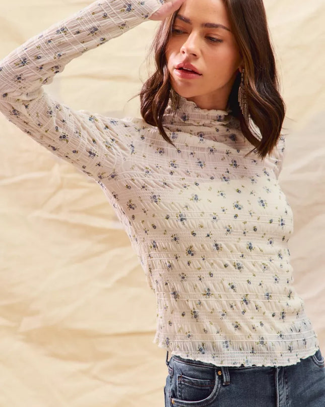 SO ME Floral Print Textured Long Sleeve Knit Top - Sleekdenim.com