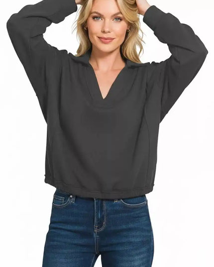 Zenana French Terry Collared Exposed Seam Sweatshirt - Sleekdenim.com