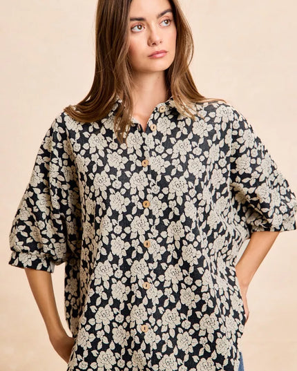 BiBi Floral Jacquard Short Dolman Sleeves Shirt - Sleekdenim.com