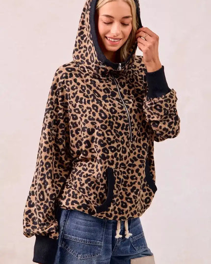 BiBi Leopard Print Waffle Half Zip Up Hoodie W Pocket - Sleekdenim.com