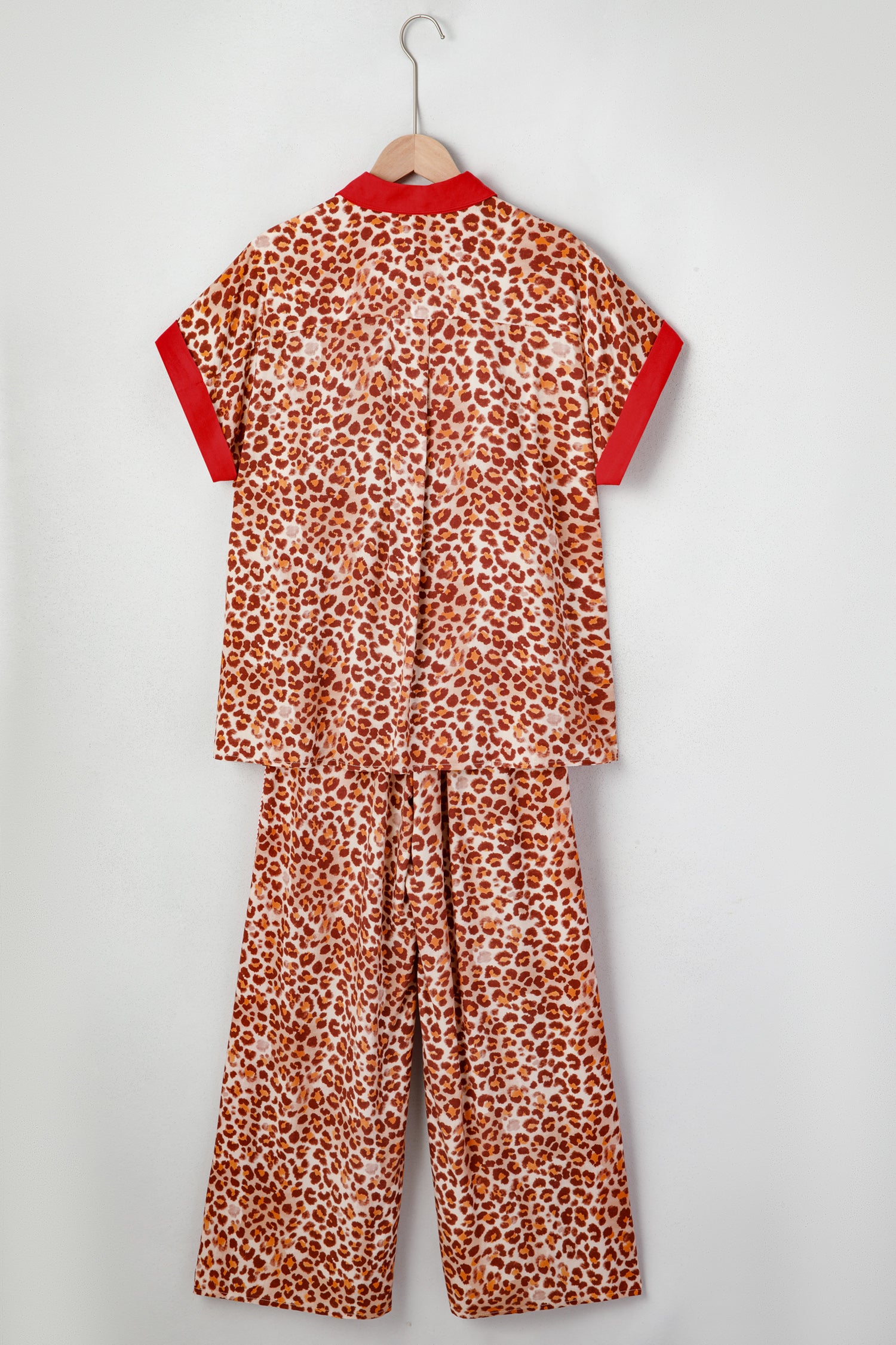 Brown Contrast Trim Leopard Top and Pant Set