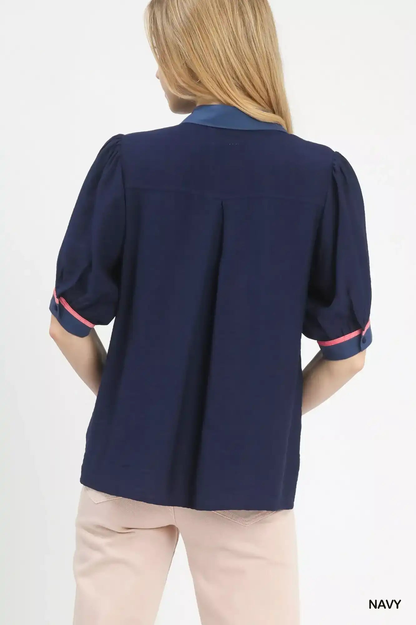 Umgee Embroidered Puff Sleeve Contrast Trim Top - Sleekdenim.com