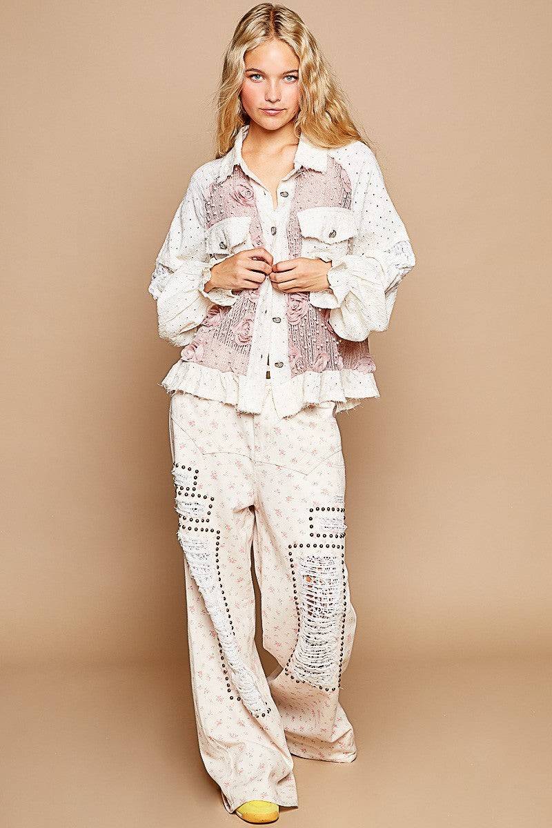 POL Eyelet Flower Pearl Detail Lace Patchwork Shirt | Sleekdenim.com