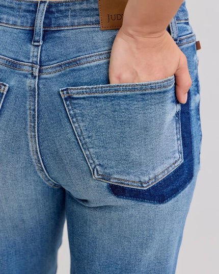 Judy Blue Full Size Mid Rise Bf Patch & Repair Destroy Release Hem Jeans Plus Size - Sleekdenim.com