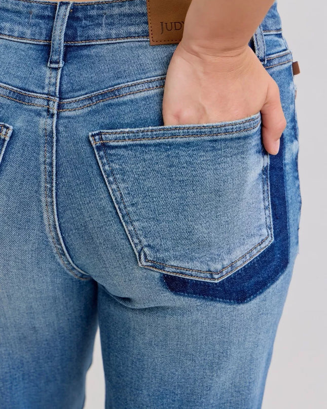 Judy Blue Full Size Mid Rise Bf Patch & Repair Destroy Release Hem Jeans Plus Size - Sleekdenim.com