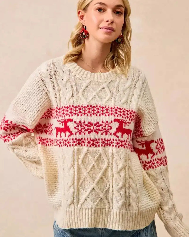 BiBi Christmas Theme Patterned Cable Knit Sweater - Sleekdenim.com