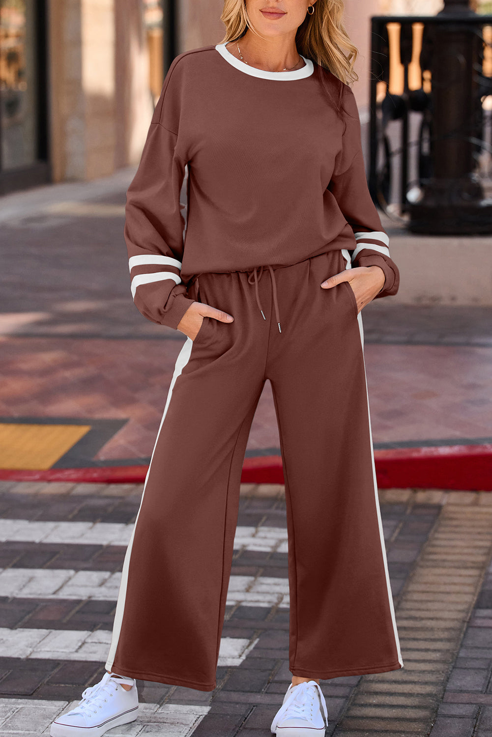 Chestnut Varsity Stripe Patchwork Puff Sleeve Pullover Drawstring Wide Leg Pant Set