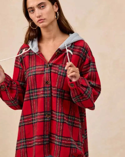 BiBi Brushed Plaid Hooded Jacket - Sleekdenim.com