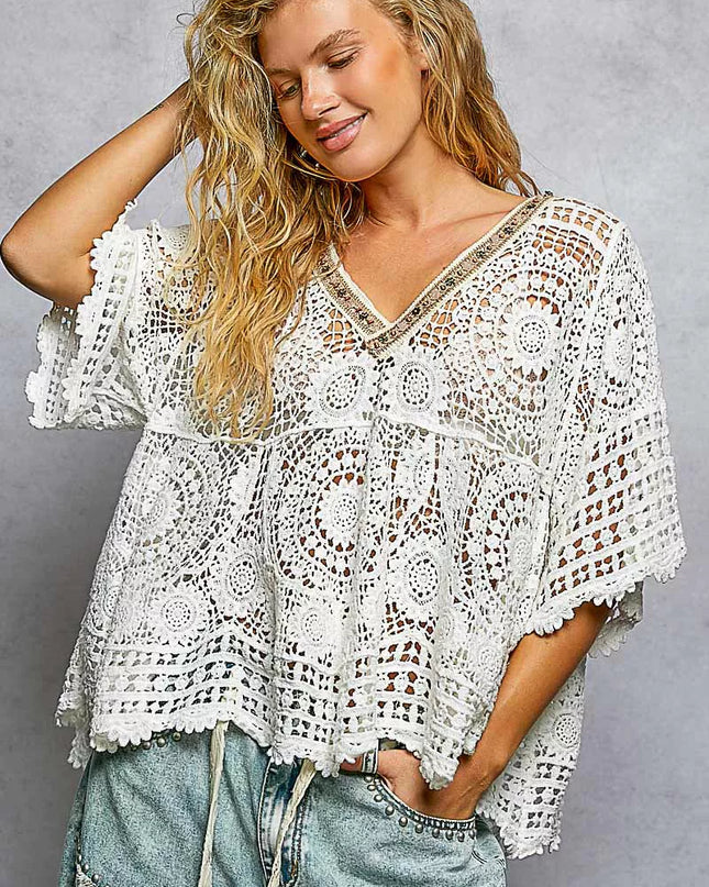 POL V-Neck Crochet Top with Scalloped Hem - Sleekdenim.com