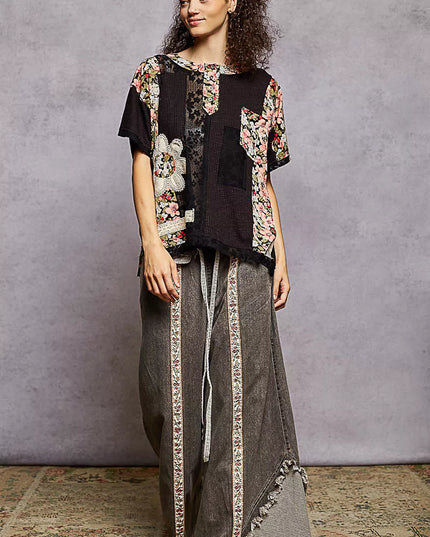 POL Lace Round Neck Short Sleeve Floral Pattern Top with Patch Detail - Sleekdenim.com