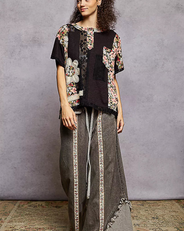 POL Lace Round Neck Short Sleeve Floral Pattern Top with Patch Detail - Sleekdenim.com