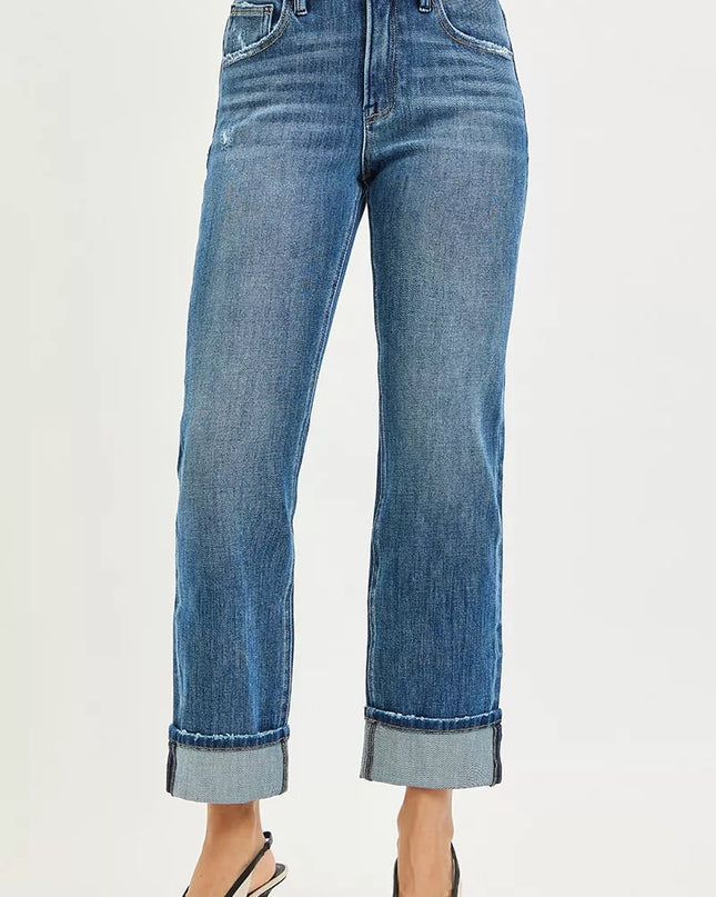 RISEN Full Size 4 Way Stretch Slouchy Straight Jeans with Cuffed Hem Plus Size - Sleekdenim.com